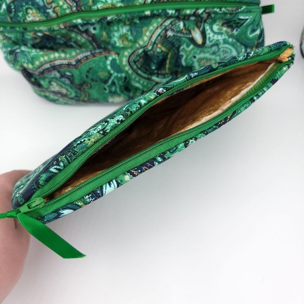 Handmade Makeup Cosmetic Bag Set Green Floral Travel Zip Case Lined Make Up - Picture 5 of 13